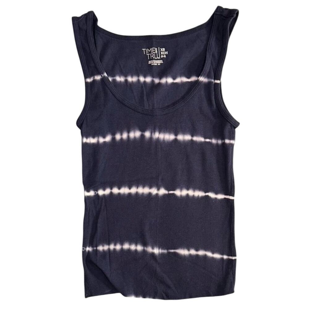 Time and Tru Navy Blue & White Tie Dye Striped Tank Top